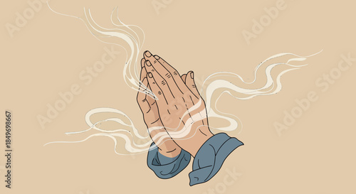 A cartoon illustration of two hands clasped together in a prayer gesture, with white swirling smoke or spiritual aura rising from them against a plain grey background.