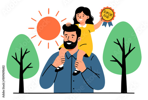Happy Fathers Day illustration of super dad carrying daughter on shoulders with award medal, family love celebration concept artwork. flat vector illustration