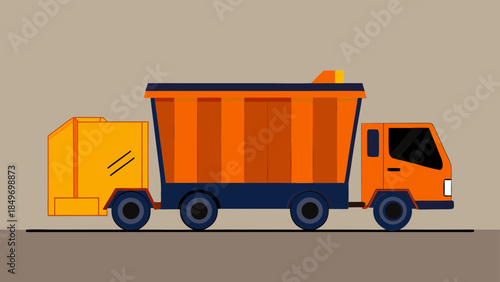 An orange garbage truck parked on a solid background, showcasing its design and specifications