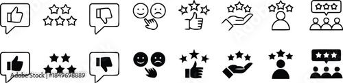 Review and Feedback: Visual elements showing a diverse set of feedback and review icons, from thumbs up and down, to different star ratings and smileys representing customer feedback and experience