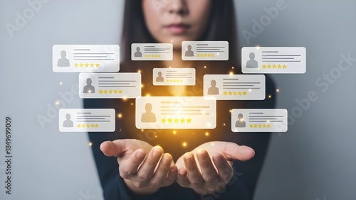 Woman presenting a collection of digital identity cards with glowing effects in her hands against a plain background.