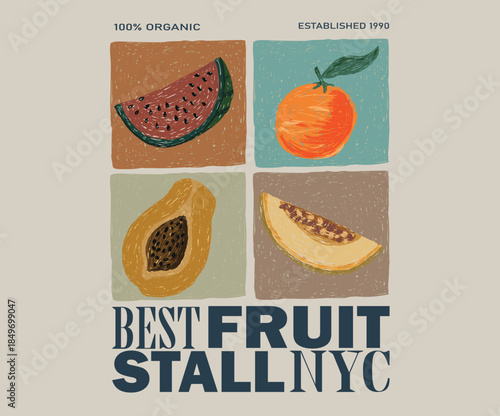 Melon, watermelon, papaya and orange wall art. Mix fruits design. Fruit abstract art design for t-shirt, poster, sticker and others.