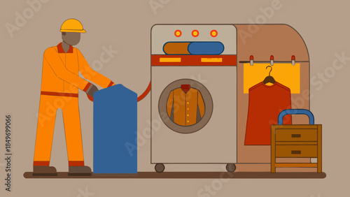 A laundry worker processing garments while using a washing machine and organizing clothes in a laundry facility