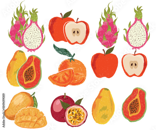Fruit artwork for for t shirt and poster. Fresh Strawberry, pineapple, pomegranate fruit, passion fruit, apple, peach fruit, pear fruit and orange fruit set.