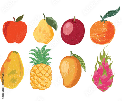 Fresh Strawberry, pineapple, pomegranate fruit, passion fruit, apple, peach fruit, pear fruit and orange fruit set. Fruit artwork for for t shirt and poster.