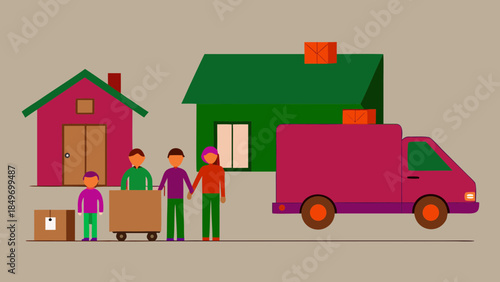 A happy family standing outside their colorful house with a moving truck and boxes, preparing for relocation