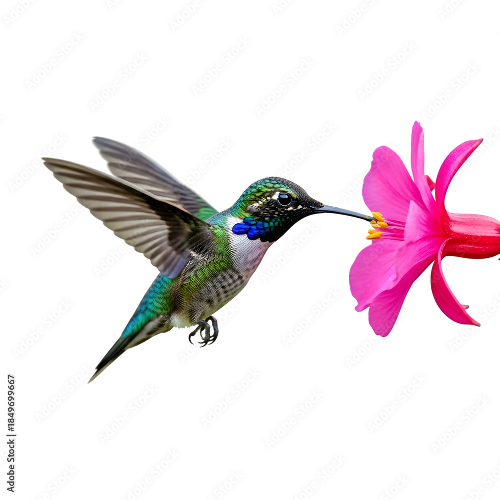 Obraz premium Hummingbird feeding on a pink flower isolated on transparent background