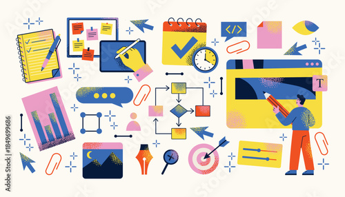 Web design set, UX, UI, project management and workflow elements with human character. Flat vector illustration on light background. Productivity planning and business process concept