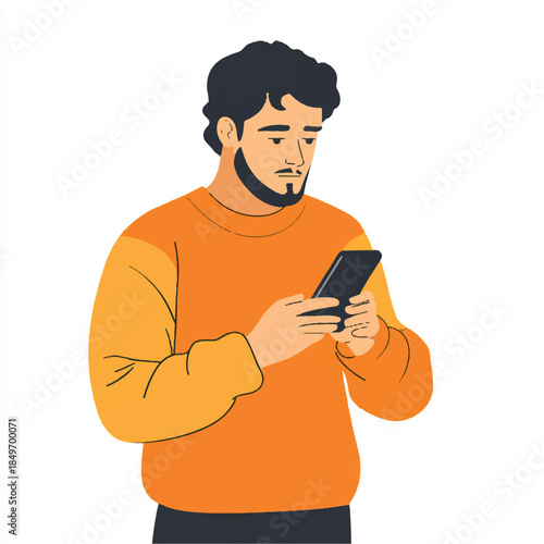 Man focused on smartphone screen with serious expression.