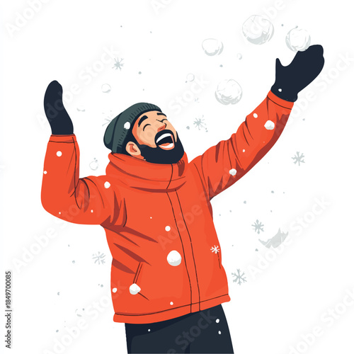  Man happily throwing snowballs in the air during winter.