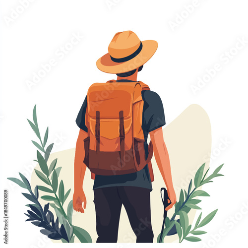 Man Hiking With Backpack Focused On Adventure