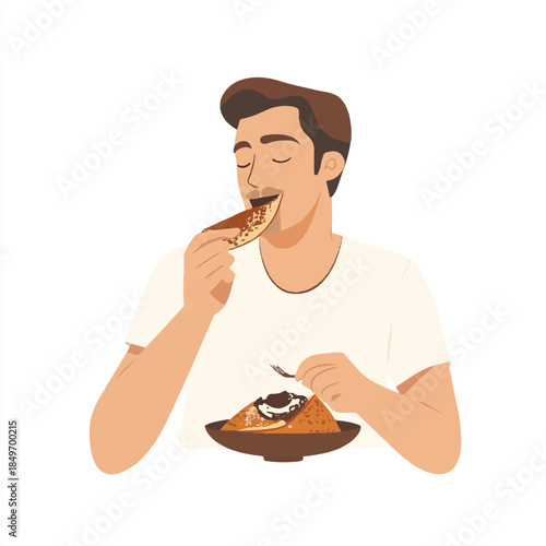 Man enjoying a delicious slice of pizza with eyes closed in delight