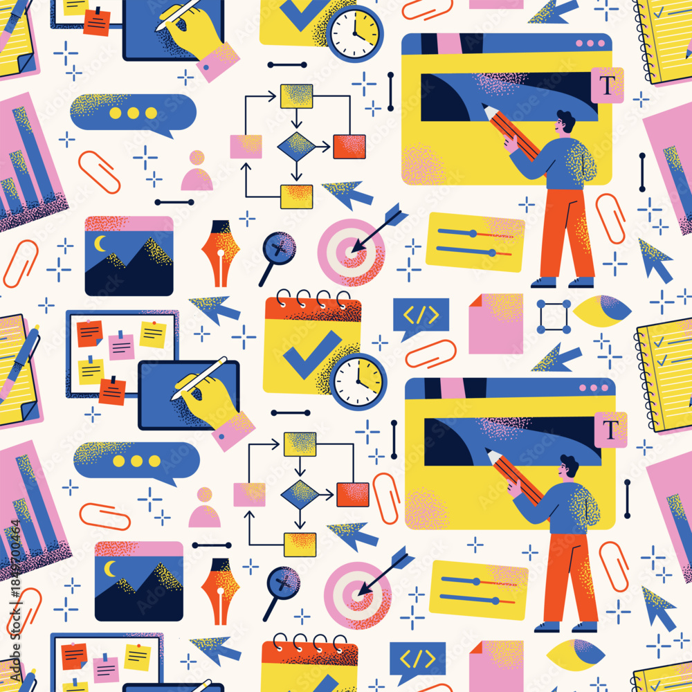 © Olexandra Simkina - Web design seamless pattern, UX, UI, project management and workflow elements with human character. Flat vector illustration on light background. Productivity planning and business process concept © Olexandra Simkina - Web design seamless pattern, UX, UI, project management and workflow elements with human character. Flat vector illustration on light background. Productivity planning and business process concept