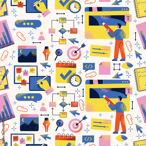 Web design seamless pattern, UX, UI, project management and workflow elements with human character. Flat vector illustration on light background. Productivity planning and business process concept