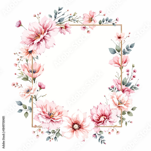 Pastel watercolor blossoms arranged around a refined geometric border for printable designs