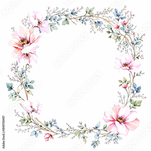 Artistic spring flower arrangement surrounding a minimalist golden line frame on white background