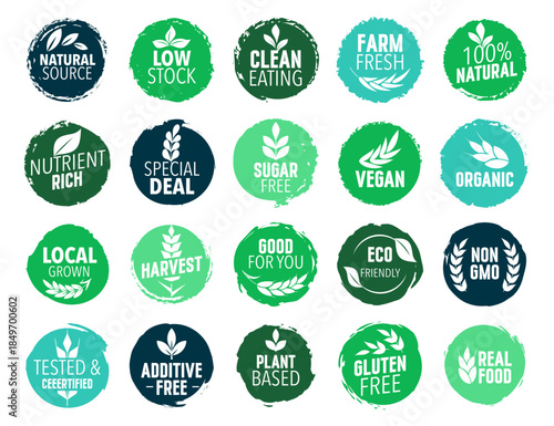 Organic Eco Badges Set. Textured Round Labels for Natural, Bio, Vegan and Clean Products