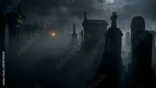 Wallpaper Mural Misty Cemetery with Headstones at Night. Torontodigital.ca