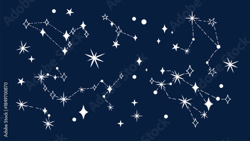 Constellations in the night sky. Shining stars connected by lines create celestial shapes. Dreamy vector illustration with cosmic and mystical aesthetic