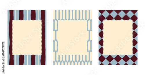 Set of 3 Vertical Backgrounds with Scalloped Frames and Geometric Patterns; Harlequin Diamonds, Hand-Drawn Stripes, and Picket Grids in Maroon and Dusty Blue for Invitations and Stationery Design