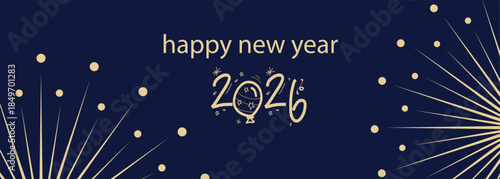 Elegant Happy New Year 2026 greeting background with golden fireworks and decorative typography on a dark blue night backdrop. Festive luxury illustration ideal for holiday cards