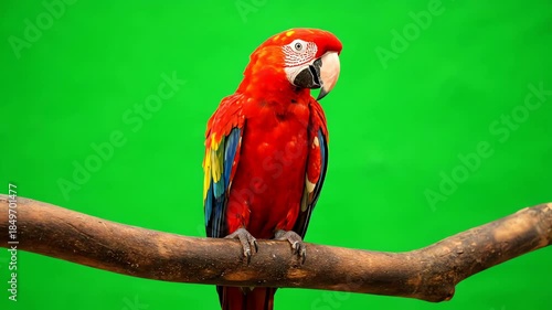 vibrant scarlet macaw parrot perched on a branch against a solid green backdrop
