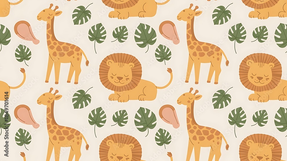 Fototapeta premium Whimsical safari animals pattern with giraffes, lions and tropical leaves