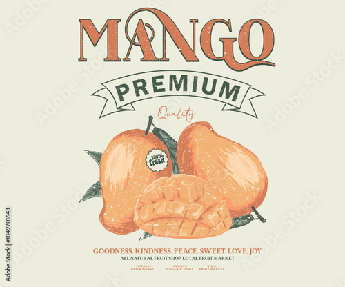 Fresh mango fruit with print. Sweet and juicy mango t shirt artwork. Premium organic mango fruit design.
