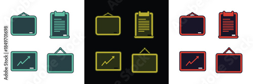 A comprehensive and versatile vector illustration set featuring multiple variations of essential office and education icons a hanging rectangular blackboard both blank and displaying a dynamic