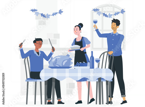 People preparing and serving food at a dining table wine kitchen d