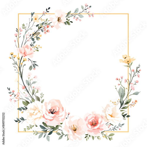 Vektor Abbildung einer floralen Bordüre mit einer Blume der Ordnung Rosales in Pink als romantisches Design für eine Hochzeit Card im Frühling Natur Stil zum Einrahmen mit Ornament Blatt Dekor
