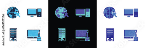 Vector icons for modern digital technology and internet services global network, desktop computers, server racks, and creative design tools. Three professional color palettes for versatile