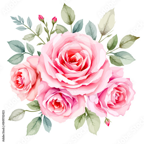 A beautiful bouquet of blooming pink roses with delicate petals and green buds is isolated on a white background, representing a romantic floral gift for Valentine's Day or nature's beauty