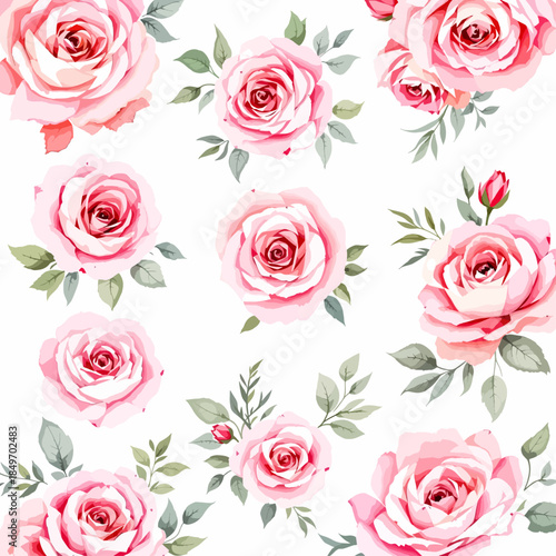 Seamless vintage floral vector pattern featuring pink roses and green leaves for a romantic wedding wallpaper or nature-inspired decoration