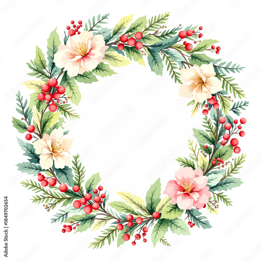 Fototapeta premium Vector illustration of a round Christmas wreath with green holly berries and floral leaves creating a nature design border ornament for a holiday card