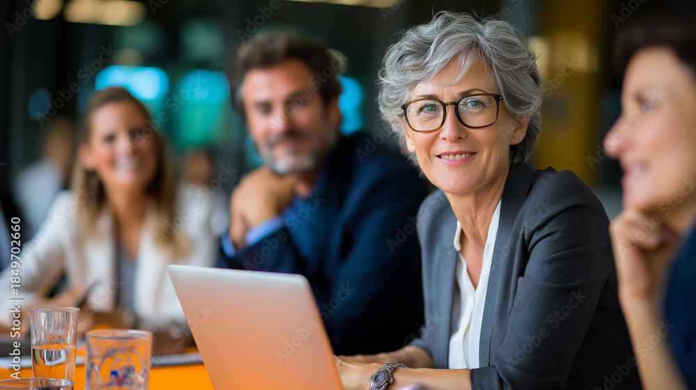 Fototapeta premium Professional workplace consultation scene, collaborative legal discussion, female lawyers meeting with mature couple, advisory session, defocused office interior, with copy space