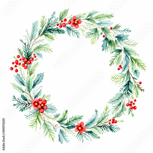 Elegant winter floral wreath combining pine needles coral flowers and seasonal berry accents