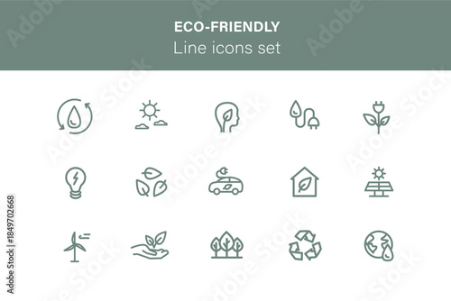 Energy efficiency icon set. Electrical energy, waste recycling, zero emissions. UI eco-friendly icons collection. Alternative energy, eco transport outline signs.