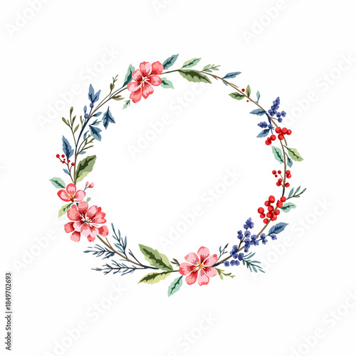 Vintage floral wreath and christmas frame decoration featuring holly berries and spring flower patterns for a nature art border illustration