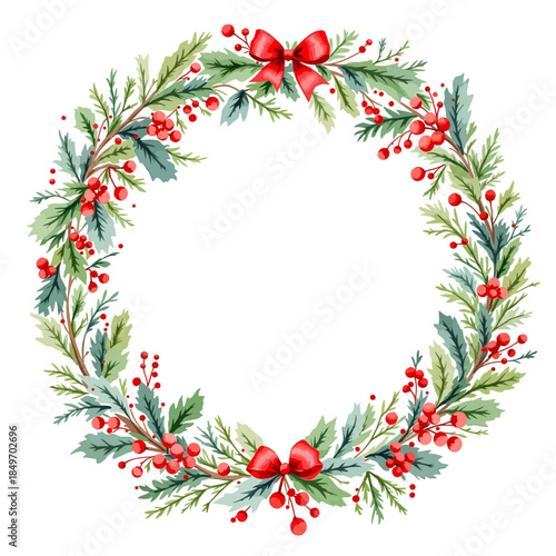 A festive Christmas wreath with green leaves and red holly berries on a white background
