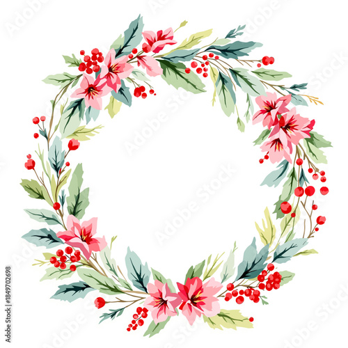 A festive Christmas wreath with green leaves and red holly berries on a white background