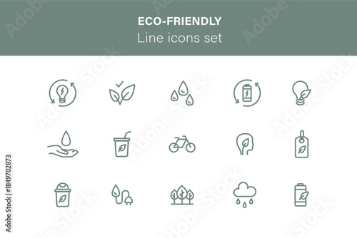 Energy efficiency icon set. Waste recycling, zero emissions, clean fresh water, and ocean protection. UI eco-friendly icons collection. Alternative energy, eco transport