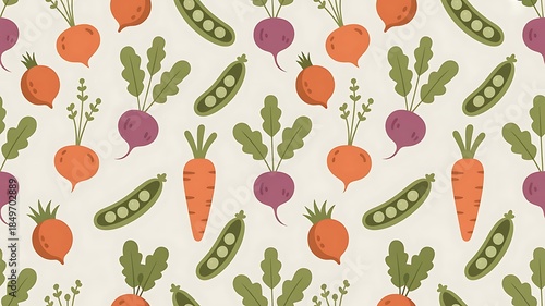 Vibrant vegetable pattern with carrots, beets, and peas on cream background
