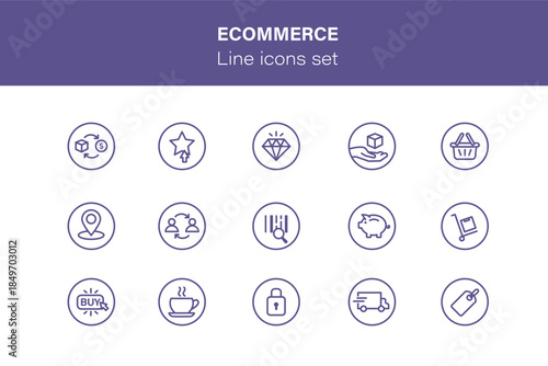 Outline icons about ecommerce and shopping process. Set of icons marketing, location, best quality, discount, shop online, payment and delivery. linear pictograms.
