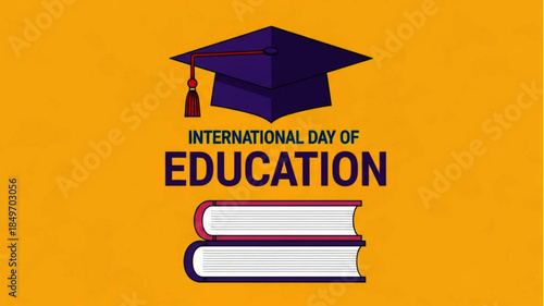 International Day of Education Celebrating Learning, Knowledge, and Academic Achievement with Books and Graduation Cap Illustration