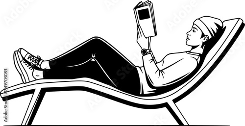 Person Reading Book on Lounge Chair Vector Silhouette Illustration
