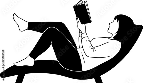Person Reading Book on Lounge Chair Vector Silhouette Illustration

