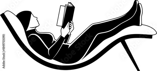 Person Reading Book on Lounge Chair Vector Silhouette Illustration
