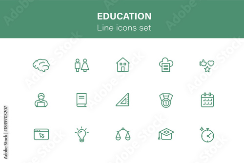 Set of outline icons related to education. Online learning, high quality education, student, graduation hat and gender equality. Linear icon collection. Editable stroke.