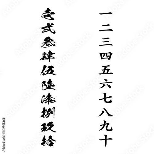 Vertical Japanese Kanji Numerals 1 to 10 Calligraphy Set with Simple and Traditional Characters Daiji Side by Side